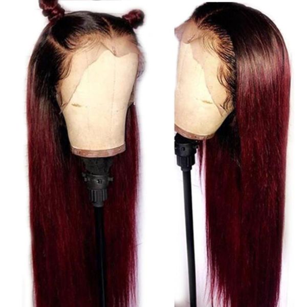 

1b 99j burgundy red colored 13x6 lace front human hair wig peruvian straight remy lace front wig with baby hair preplucked, Black;brown