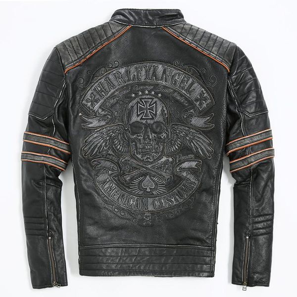 

оптовая продажа-2018 мужчины ретро винтаж кожа байкер куртка вышивка череп шаблон черный slim fit мужчины зима мотоцикл пальто бесплатная до, Black