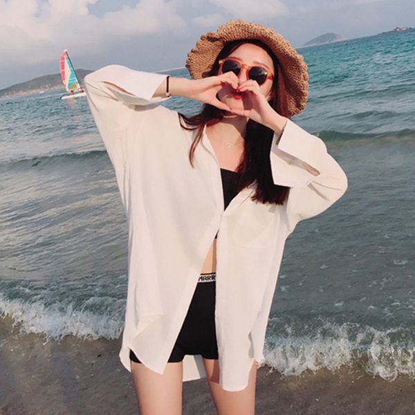 

white blouse sunscreen beachwear summer casual simple shirt cardigan long sleeve sun clothes blouse korean wild cardigan