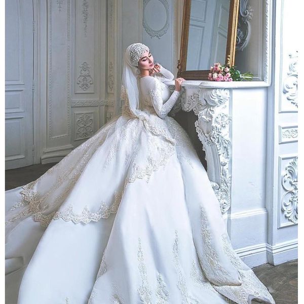 

luxurious muslim wedding dresses long sleeve lace pure white bridal gowns dubai saudi arabia jewel neck vestido de noiva custom plus size