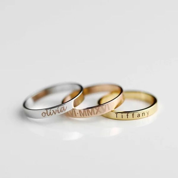 

mens stainless steel engraved name date ring personalized custom diy jewellery finger ring anillos mujer birthday friend gift, Slivery;golden