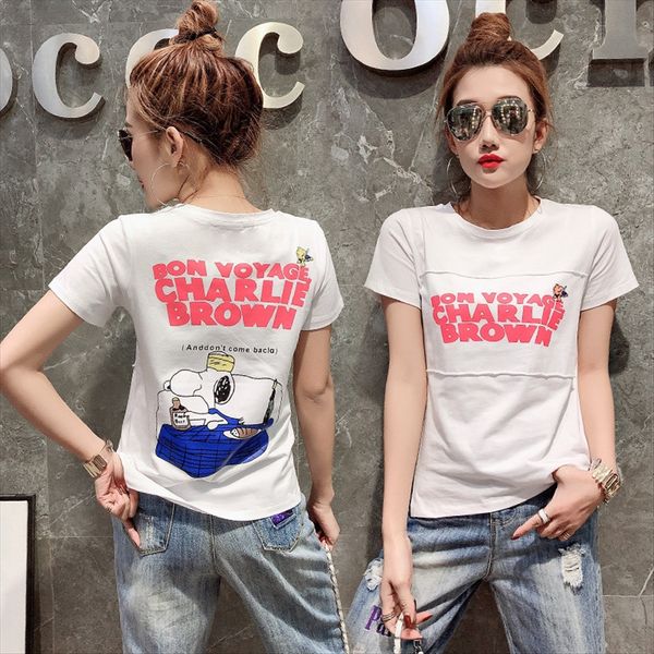 

short-sleeved t-shirt women 2020 loose large size cartoon printing all-match half-sleeved t-shirt ins fashion, White