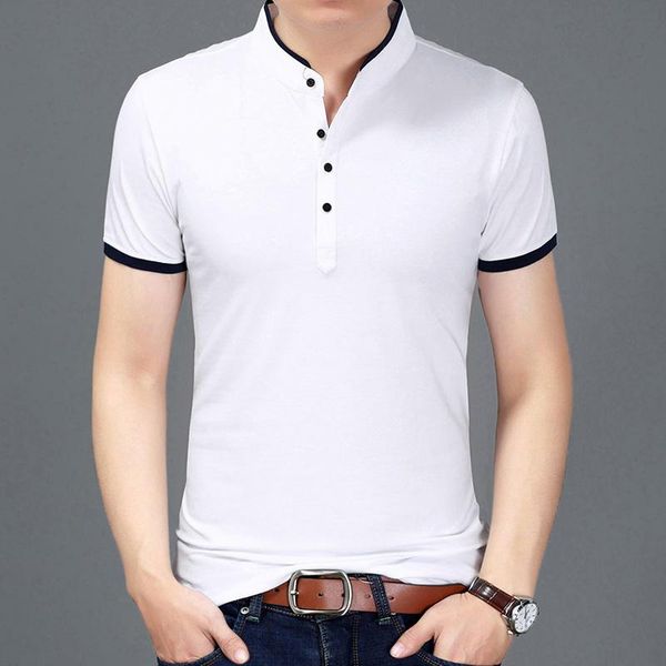 

summer new fashion brand clothing tshirt men solid color slim fit short sleeve t shirt men mandarin collar casual t-shirts harajuku, White;black