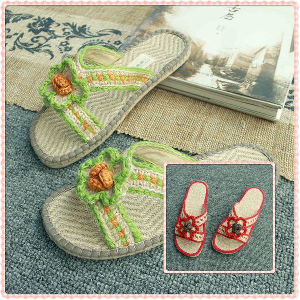 

fashion hand-made jute cotton slipper women shoes flower shape, Red;white