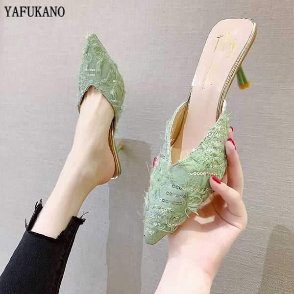 

baotou half slippers 2020 new tassel sequins pointed toe thin heels muller slippers ladies fashion shoes summer slides, Black