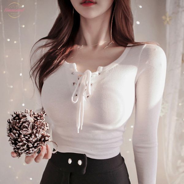 

2020 summer women fashion lace up slim t shirt women v neck hollow out korean tees casual basic female t, White