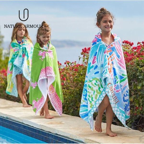 

2019 cartoon print swimming bathrobe pattern hooded towels 76*127cm 100% cotton children's bath beach towel cloak for kids hoody