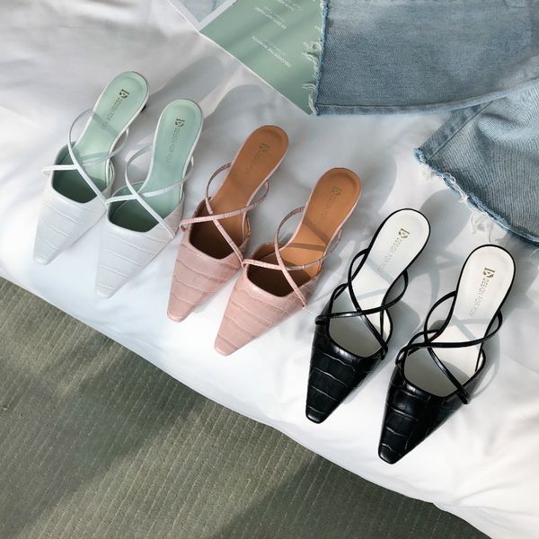

boussac vintage square toe cross-tie slipper sandals women crocodile pattern kitten heel women mules solid shoes, Black