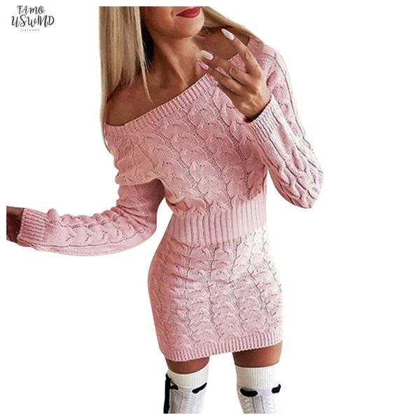 

off the shoulder sheath column dress women fashion mid autumn and winter womens long twisted sweater dresses sundress vestidos, Black;gray