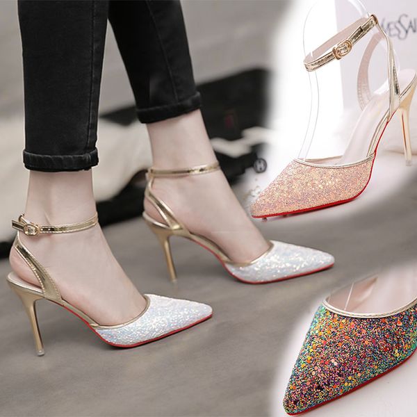 

2018 new korean fashion comfortable high heels pointed wild shallow mouth sequins high heels, Black