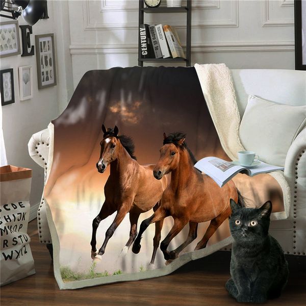 

black running horse 3d fleece blanket 2 plies warm keeping throw blanket