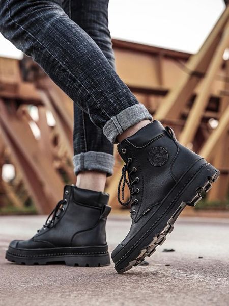 

black and white with pattern boots men's plus velvet worker boot british style ankle boots winter leather boot fashion hi