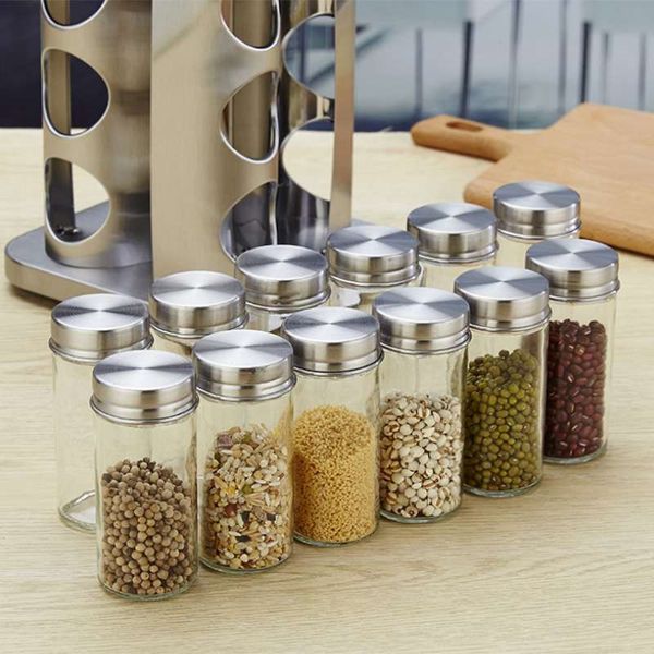 

rotary seasoning jar box stainless steel salt pot glass kitchen supplies other kitchen tools