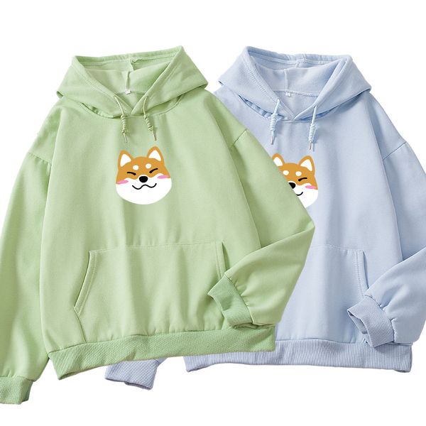 

осень зима женщины harajuku kawaii хлопок толстовки мультфильм собака шиба ину аниме печати толстовка streetwear для womens hoody, Black