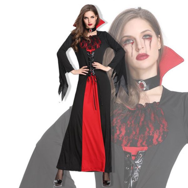 

costumes halloween party witch role-playing female ghost vampire scary cloak evil stage cosplay costumes long fancy dress, Black;red