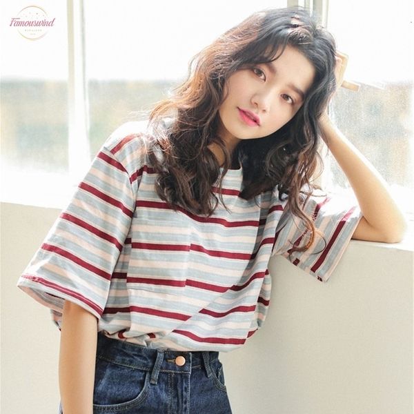 

2020 summer women casual loose stripe printed t shirts ulzzang harajuku women o neck short sleeve cozy student tee poleras mujer, White