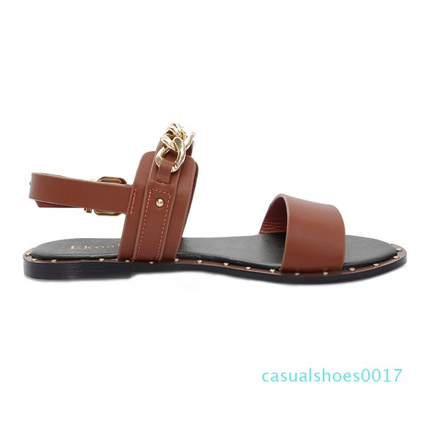 

ekoak new 2017 fashion leather sandals women summer ladies dress shoes woman with metal chain beach shoes flat sandals c17, Black