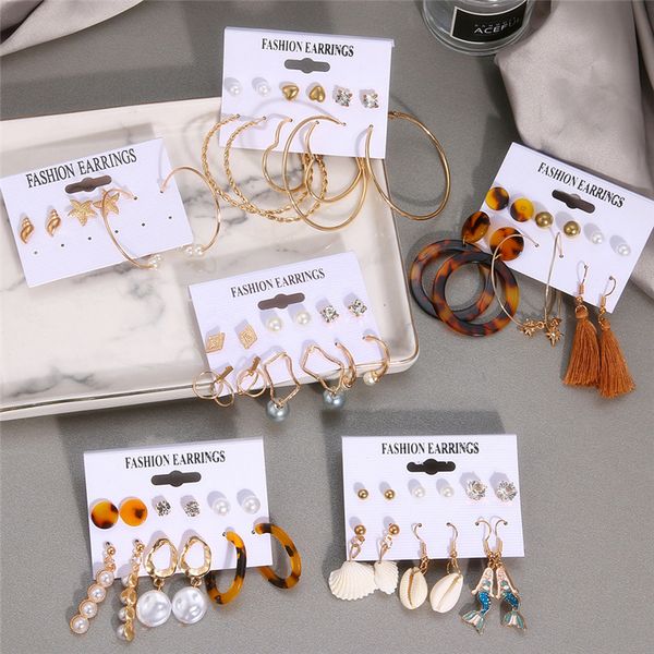 

fashion acrylic shell tassel earrings set for women big geometric heart rhinestone earrings new female imitation pearl earrings, Silver