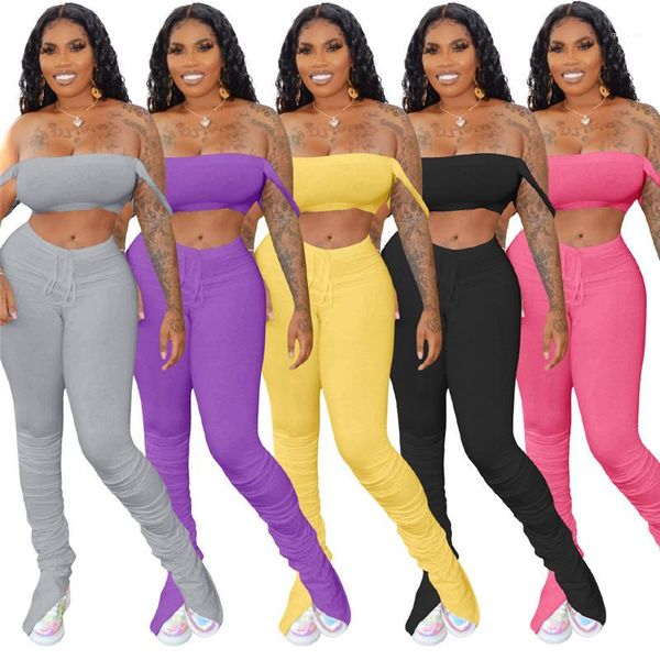 

piece outfits stacked pants matching sets casual natural color tracksuits fashion long pants women crop two, Gray