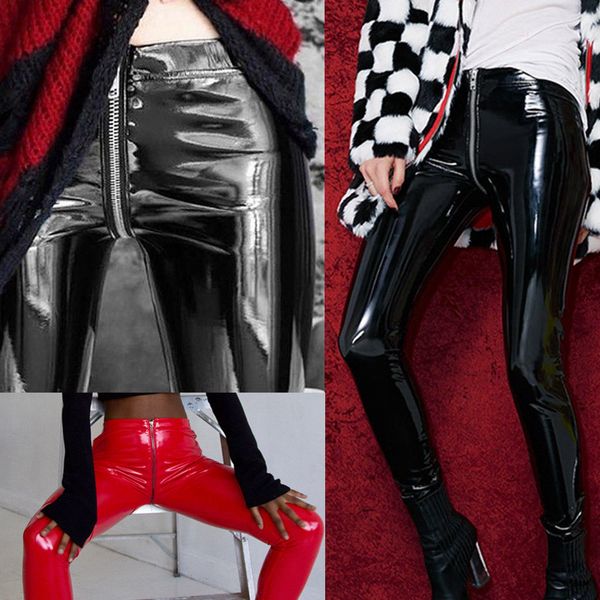 

women zip up push up skinny leggings wet look leather leggings pant trousers, Blue
