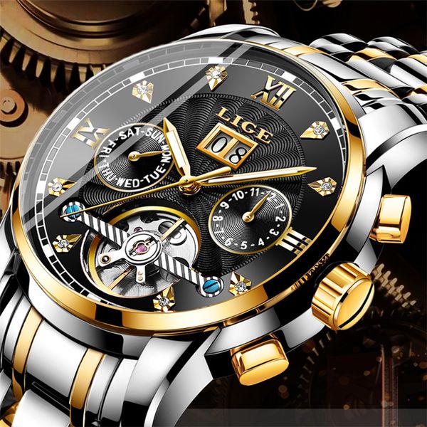 

lige mens watches automatic mechanical watch men full steel business waterproof sport watch relogio masculino, Slivery;brown