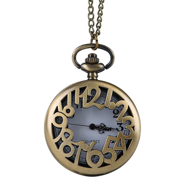 

vintage creative bronze craved with big arabic numeralsdesign fashion quartz pocket watch with necklace chain, Slivery;golden