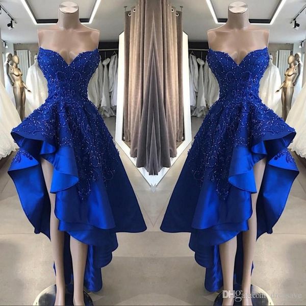 

royal blue high low prom cocktail dresses real image a line beaded appliques sweetheart asymmetrical long homcoming gowns, Black