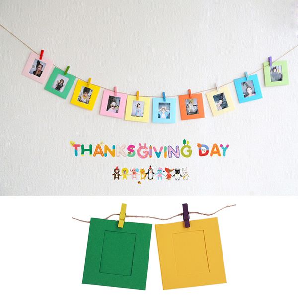 

10pcs/lot 3 inch colorful diy square p frames wall hanging cute paper p frame with rope wood clip for pictures ej872256