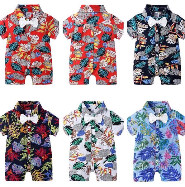 

kids designer clothes boys rompers bow tie floral print children's infant jumpsuit baby summer pajamas clothes hawaiian style cz526, Blue