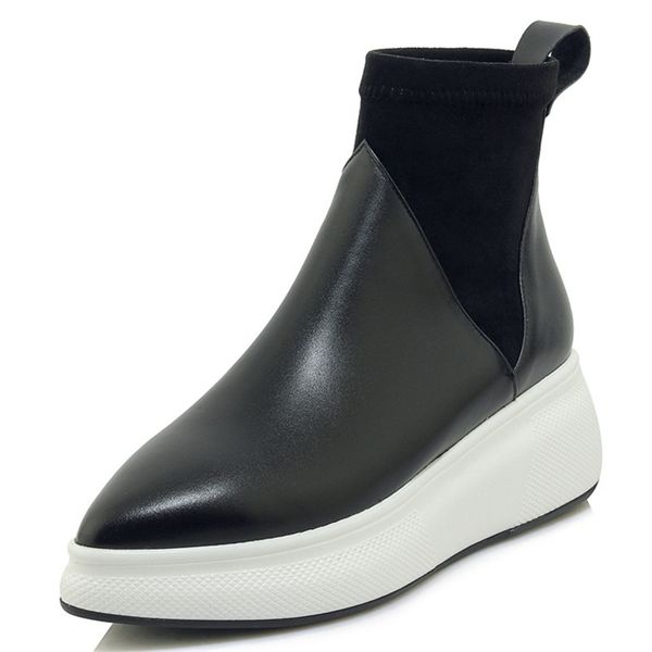 

new retro women genuine leather ankle boots flat platform casual stretch luxury leather short boots female 2020 shoes woman, Black