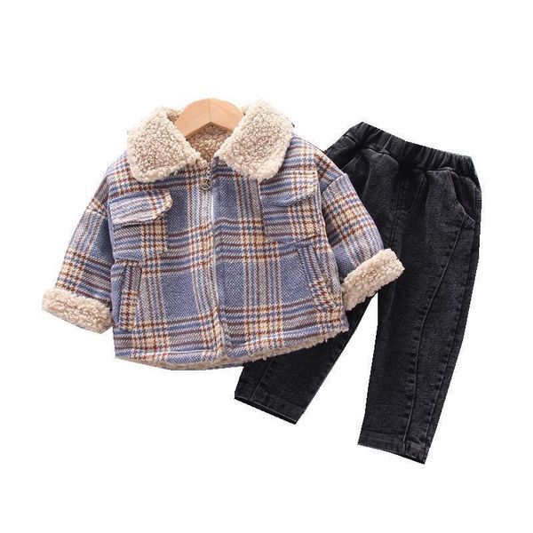 

baby boy girl warm lattice coat pants 2pcs/sets infant kid autumn winter children plus velvet clothes fashion toddler tracksuits, White