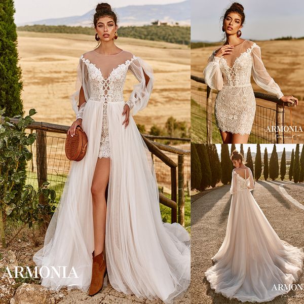 

2020 boho wedding dress with detachable train jewel neck appliqued beaded bridal gown long sleeves above knee length short abiti da sposa, White