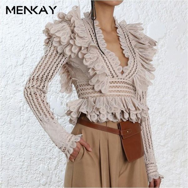 

[menkay] spring autumn zim hollow out v neck ruffles spliced women 2019 new j190621