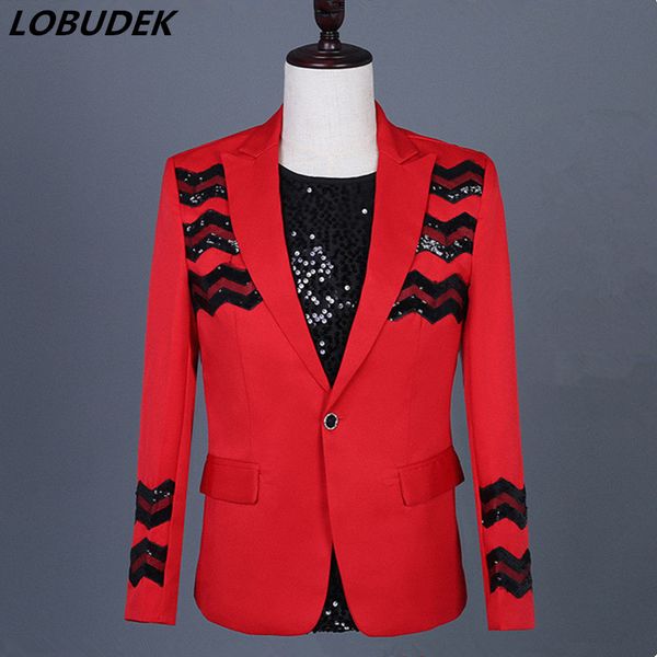 

new men's suit jacket red black sequins slim blazer male singer host dancer stage performance costume nightclub fashion coat, White;black