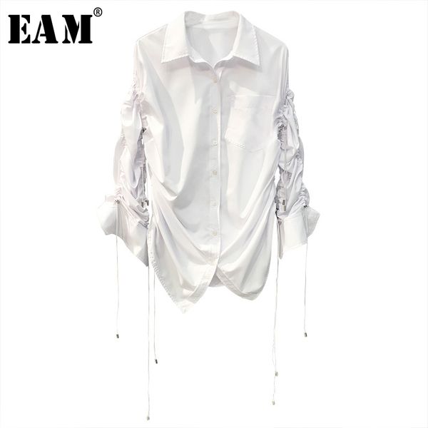 

eam] women white pocket drawstring long blouse new lapel long sleeve loose fit shirt fashion tide spring autumn 2020 1t338