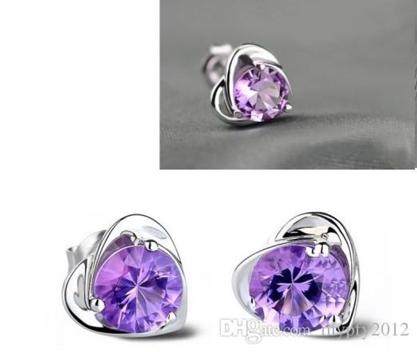 

new women 925 sterling silver earring stud purple white crystal heart shape 925 silver stud earrings silver jewelry wedding party giftml, Golden;silver