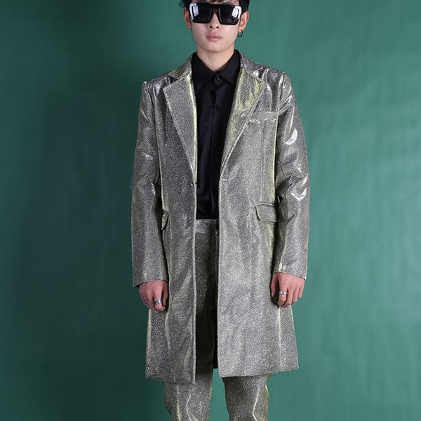 

custom made men suits sets (jacket+pant) male long shining casual fashion slim fit blazers jacket singer dancer stage clothing, White;black