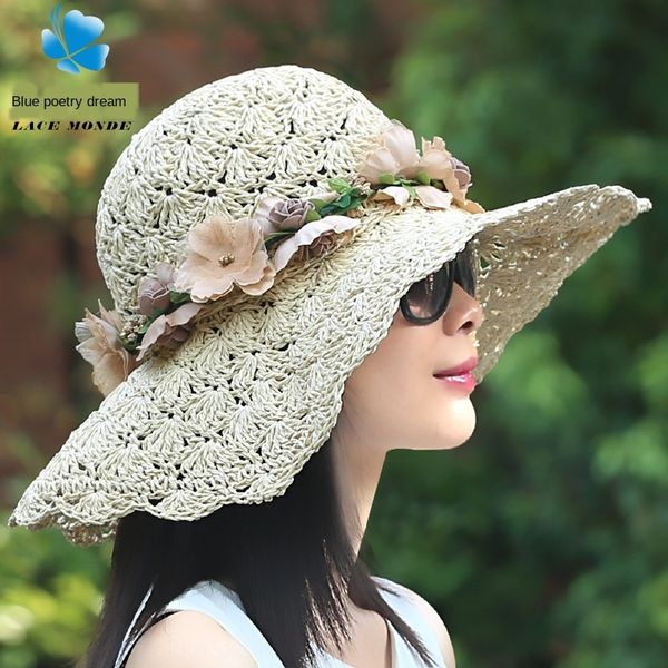 

женская летнее солнце гирлянду большое лезвие складной солома шляпа солнца уф-доказательство шляпа, Blue;gray