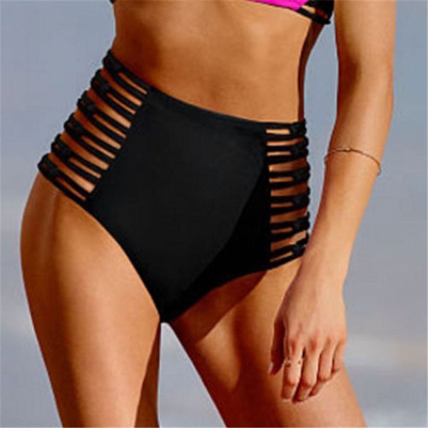 

2019 new women vintage bikini panties high waist swimwear bottom solid black hollow out bandage swimsuit bathing suit shorts