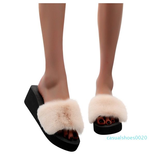 

fashion slippers indoor and outdoor female slippers fur slides set open toe wedge heel warm winter shoes c20, Black