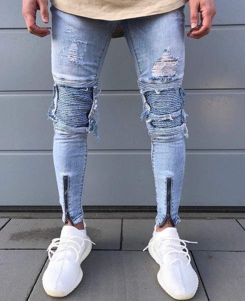 

men 2019 jeans spring summer hip hop sweatpants skinny motorcycle casual ripped hole denim zipper pencil pants j8k9, Blue