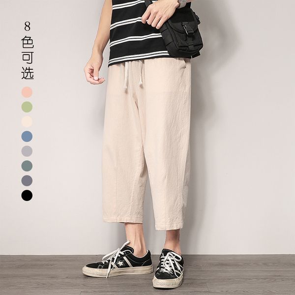 

men oversize wide leg pants mens straight casual ankle-length pants chinese style summer male harem, Black