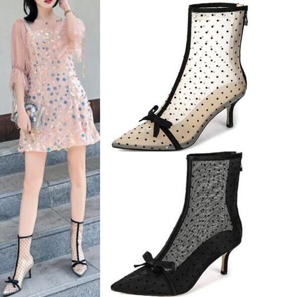 

girls dolka dot black nude transparent mesh lace  cm stiletto heels pointed toe bow ties short boots fashion low heels boots lady