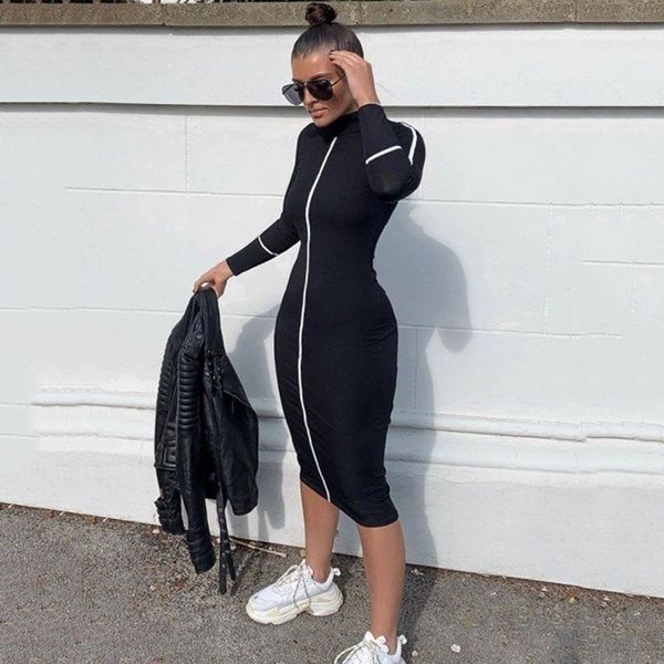 

женщины дизайнерские одиночные платья стенд воротник с длинным рукавом средний тельф одежда женская летняя осень повседневная одежда, Black;gray