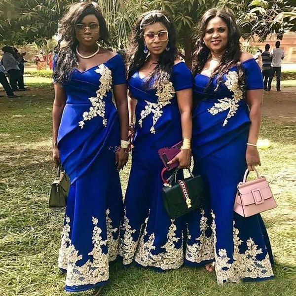 2020 Abiti africani sexy Royal Blue Mermaid Abiti da damigella d'onore Applique in pizzo lungo Black Girl Wedding Guest Dress mariage Vestidos de fiesta