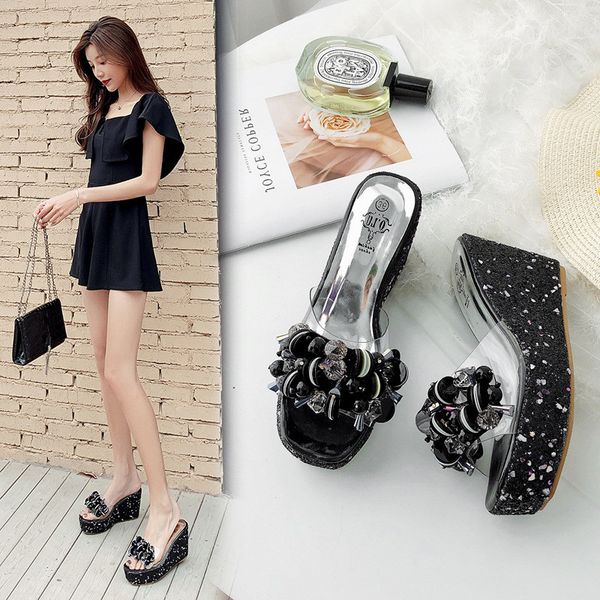 

house slippers platform shoes slides jelly flip flops women heels pantofle on a wedge glitter high 2020 summer wedges rome pu, Black