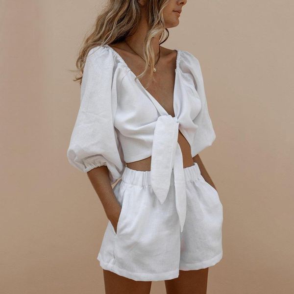 

mid-sleeve shorts sports set fashion women's casual solid shorts middle sleeve t-shirt sports set #0715, White