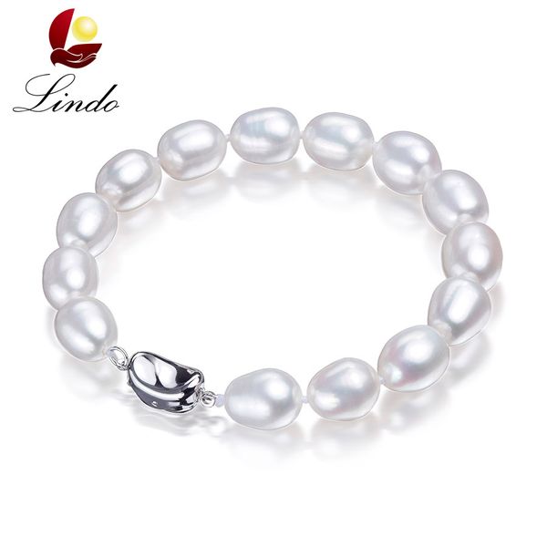

women fashion white real natural pearl strand bracelets 8-9mm rice freshwater pearl jewelry 18/20cm elegant 925 silver jewelry, Golden;silver