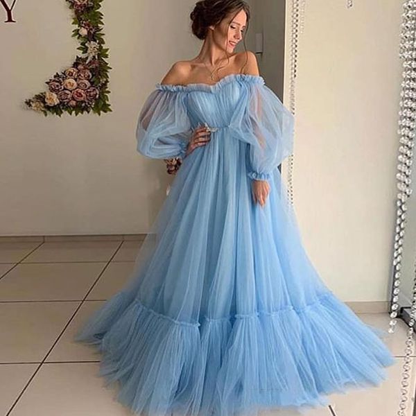 Abiti da ballo blu cielo con pieghe a fascia al largo della spalla Abiti da festa di ritorno a casa Abito da laurea Yong Girls Pageant Vestiudos