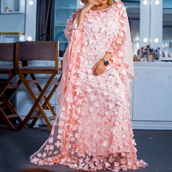 

women dress african fashion pink 3d foral mesh patchwork bat sleeve loose long robe plus size party floor-length maxi dresses, Black;gray